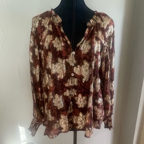 FREE PEOPLE Sheer bohemian oversized floral blouse size small gold Anthropology - Picture 2 of 11